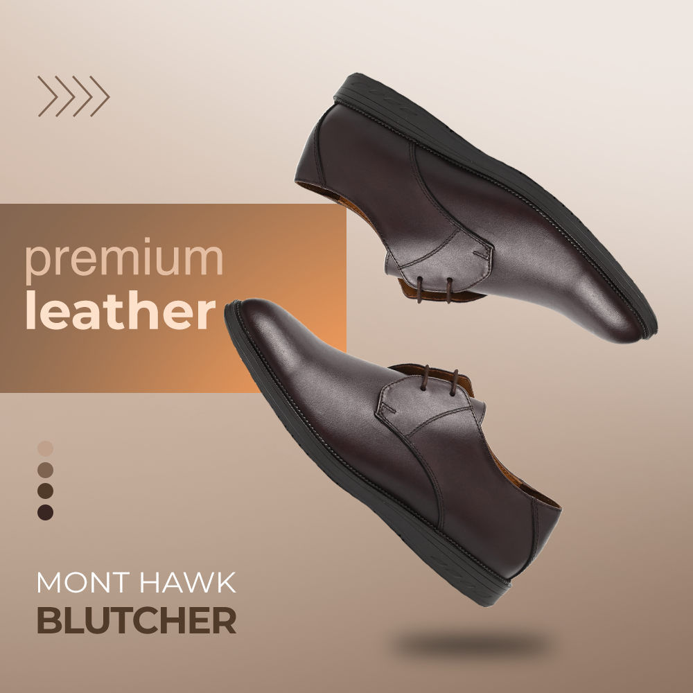 Mont Hawk Leather Blucher Shoes – Open-Lace Derby Design with Cushioned TPR Comfort Sole & Breathable Leather Lining