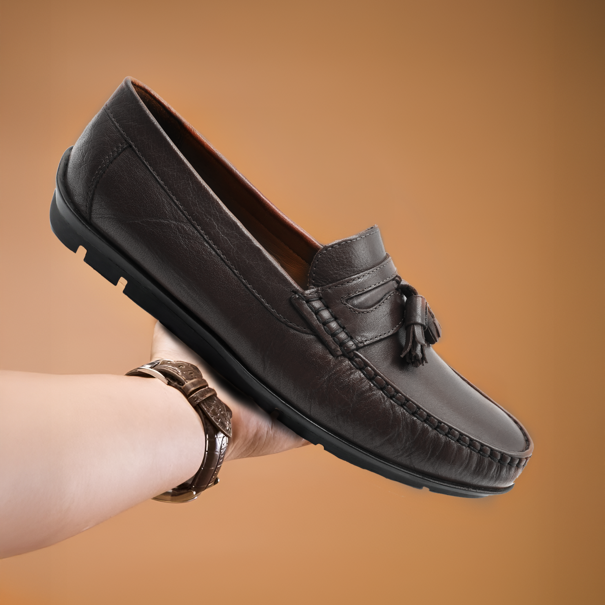 Mont Hawk Men’s Tassel Mocc Genuine Brown Tan Leather Loafers – Handstitched Slip-On Shoes with Cushioned Insole & Durable TPR Sole