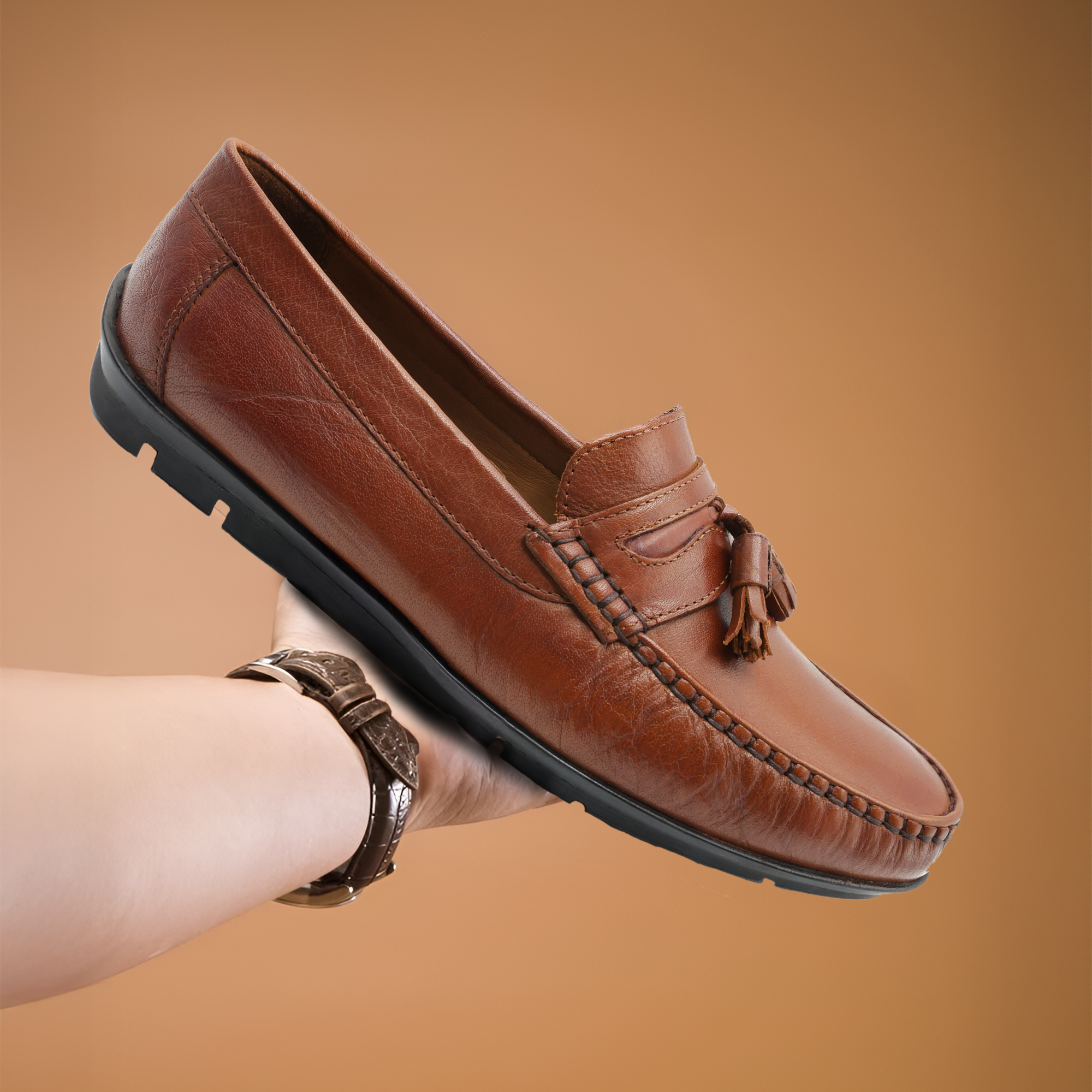 Mont Hawk Men’s Tassel Mocc Genuine Tan Leather Loafers – Handstitched Slip-On Shoes with Cushioned Insole & Durable TPR Sole