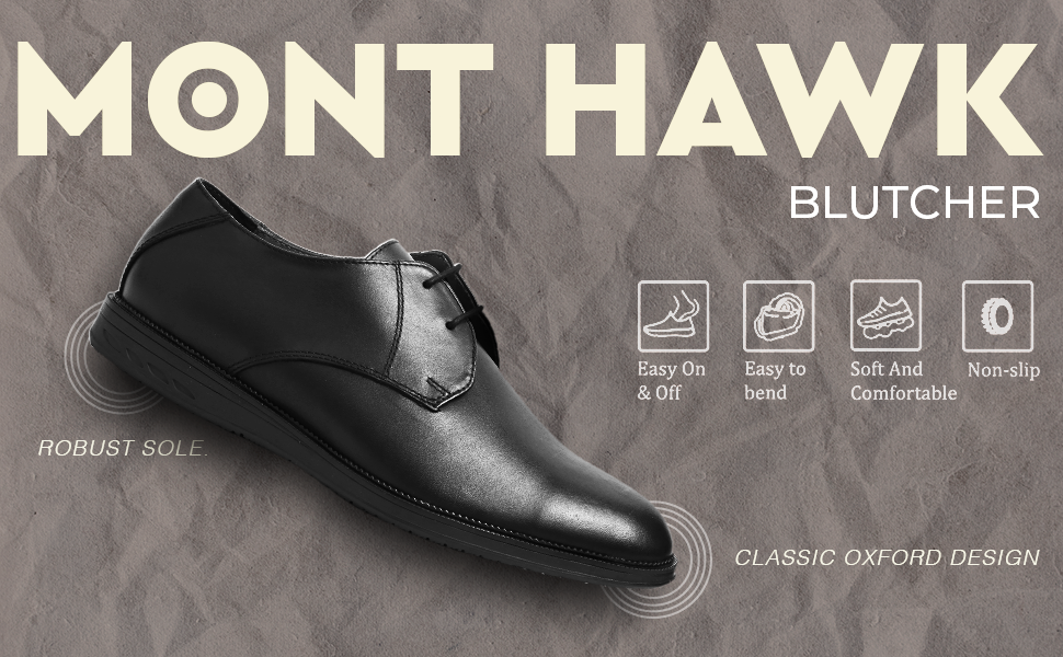 Mont Hawk Leather Blucher Shoes – Open-Lace Derby Design with Cushioned TPR Comfort Sole & Breathable Leather Lining